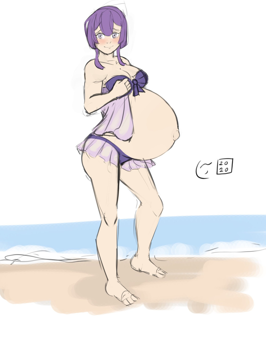 1girls beach bernadetta_von_varley big_ass bikini blush claraspregs cleavage colored_sketch female female_only fire_emblem fire_emblem:_three_houses grey_eyes huge_belly large_ass large_breasts looking_at_viewer nintendo outdoors pregnant purple_hair ready_to_pop short_hair simple_background smile smiling smiling_at_viewer sole_female solo wholesome