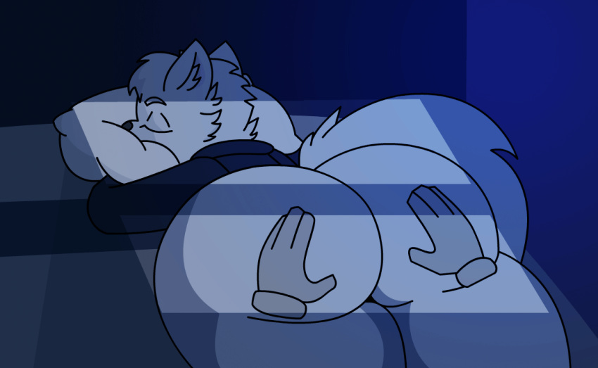 ambiguous_gender animated anthro ass ass_dough big_butt bottomless butt_fondling canid canine canis clothed clothing deep_skin disembodied_hand domestic_dog duo fur hand_on_butt hugging_pillow mammal night not_a_furfag pillow sleeping topwear topwear_only white_body white_fur