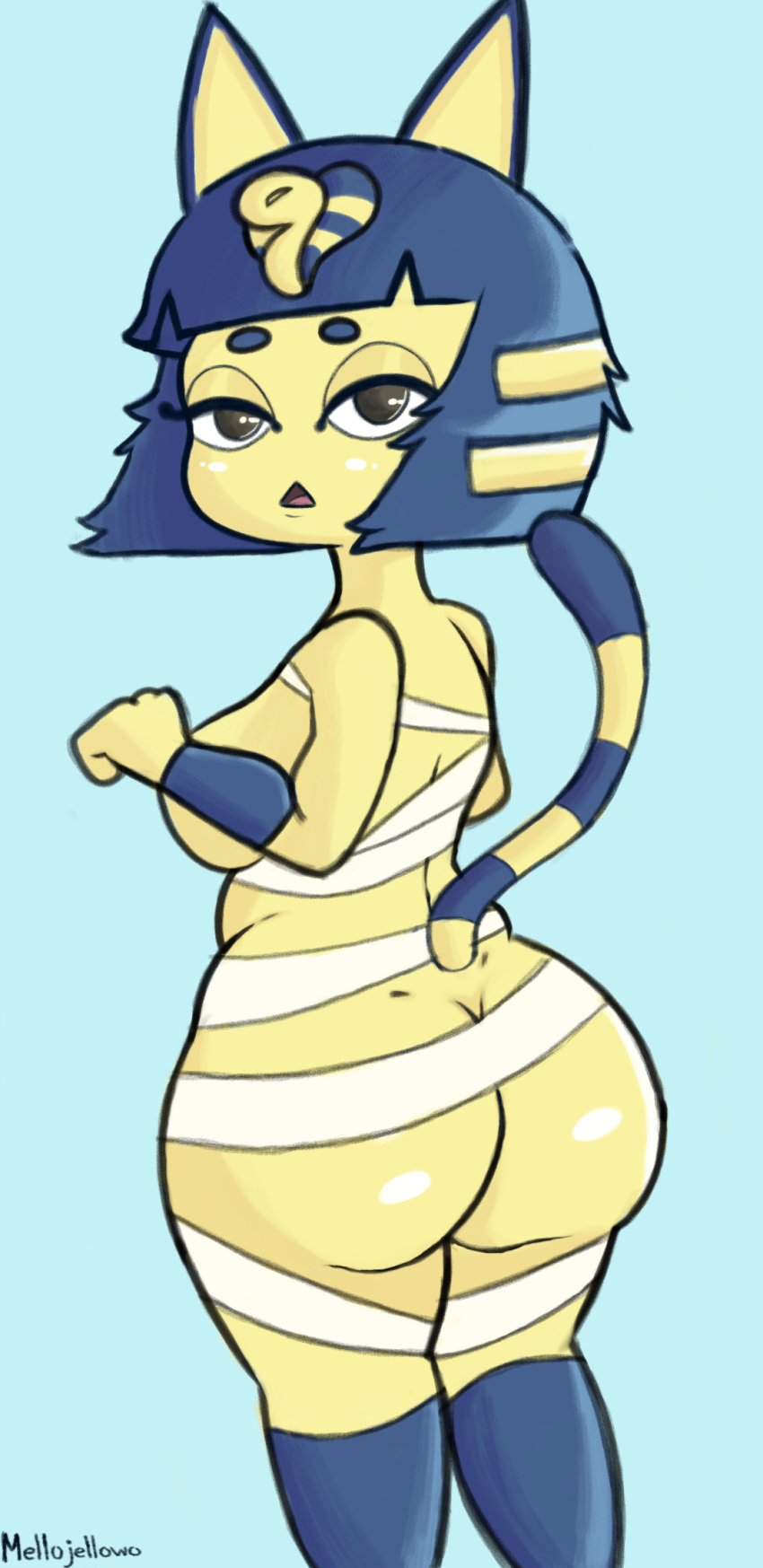 2020 alternate_body_type alternate_breast_size animal_crossing ankha anthro ass big_ass breasts feline furry looking_at_viewer looking_back mellojellowo nintendo shortstack simple_background thick_thighs thighs