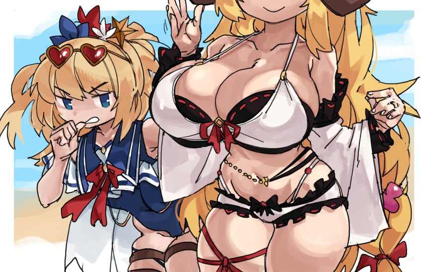 2girls anila_(granblue_fantasy) bent_over big_breasts bikini biting_finger blonde_hair blue_eyes breast_focus cleavage clothing collarbone detached_sleeves draph draph_race_(granblue_fantasy) female female_only glasses_on_head granblue_fantasy hair_ornament head_out_of_frame heart_glasses legband long_hair looking_at_breasts narrowed_eyes ribbon-trimmed_bikini ring shiny smiling swimsuit thick_thighs tied_hair very_high_resolution zanamaoria