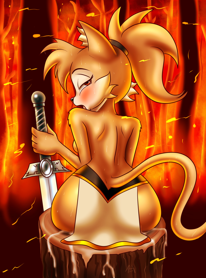 absurd_res andersonicth anthro big_breasts blush bodily_fluids breasts clothed clothing cum domestic_cat felid feline felis female genital_fluids hi_res holding_object holding_sword holding_weapon looking_back mammal melee_weapon solo sweat sword topless weapon wide_hips