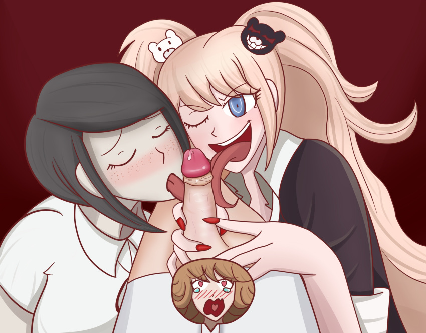 1boy 2girls artist_request collaborative_fellatio danganronpa double_fellatio fellatio female femboy femboy_on_female femboy_pov fujisaki_chihiro gyaru heart_eyes hetero_sex junko_enoshima licking licking_penis male male/female mukuro_ikusaba multiple_girls otoko_no_ko penis penis_lick sisters smooth_skin straight teamwork