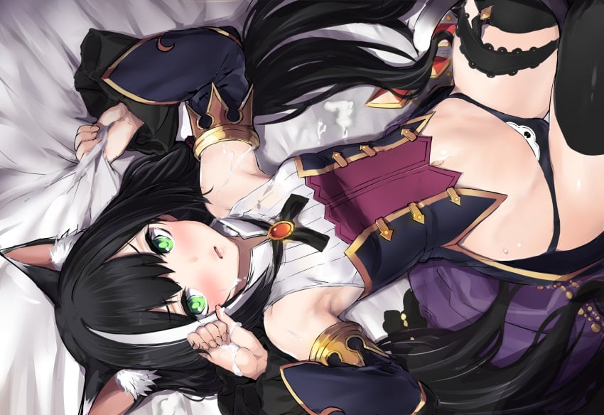 animal_ears black_hair cat_ears catgirl cum cum_overflow green_eyes kaneru kyaru_(princess_connect) panties pixiv princess_connect! thighs underwear