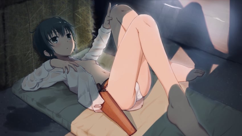 1girls belt feet female firearm flat_chest handgun holster human kino kino_no_tabi kuudere mythocurry pale_skin panties revolver short_hair tomboy weapon white_panties