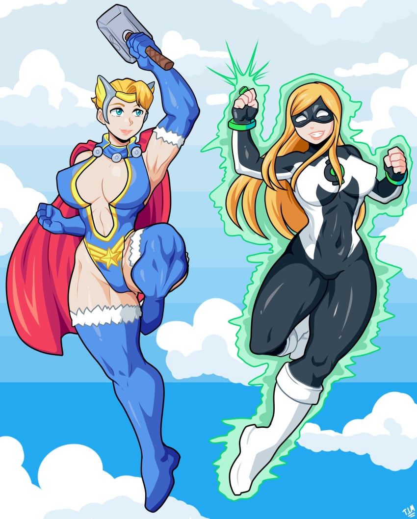 2girls abs absurd_res absurdres asgard asgardian athletic_female black_clothing blue_background blue_elbow_gloves blue_eyes blue_thighhighs bodysuit bracelets cameltoe clouds cosplay crossover crossplay dat_ass dc eighth_wonder elissa_megan_powers empowered empowered_(series) female female_focus female_only fighting_stance flying green_lantern green_lantern_(cosplay) halloween halloween_costume high_heel_boots high_heels high_resolution holding_weapon human human_only leotard light-skinned_female light_skin long_hair looking_at_another marvel mask mjolnir multiple_girls muscular muscular_female nipples_bulge orange_hair power_ring red_cape short_hair sky smiling spandex stacked_lady superheroine theironmountain thick_thighs thighs thor_(cosplay) thor_(marvel) thor_(series) thunder_thighs tight_clothing tight_fit toned_female uchi_no_musume_ni_te_o_dasu_na! weapons white_background white_boots wide_hips