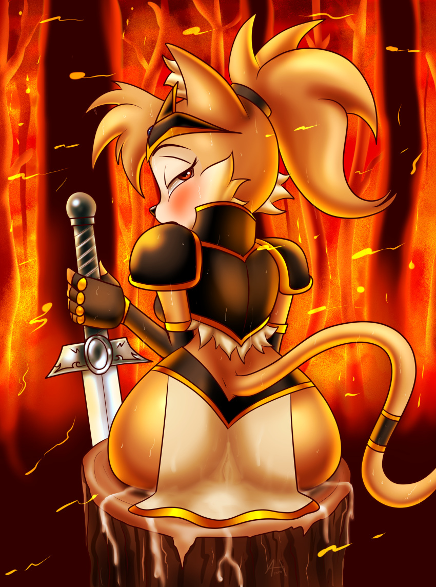 absurd_res andersonicth anthro armor big_breasts blush bodily_fluids breasts cum domestic_cat felid feline felis female genital_fluids genitals hi_res holding_object holding_sword holding_weapon looking_back mammal melee_weapon pussy solo sweat sword weapon wide_hips