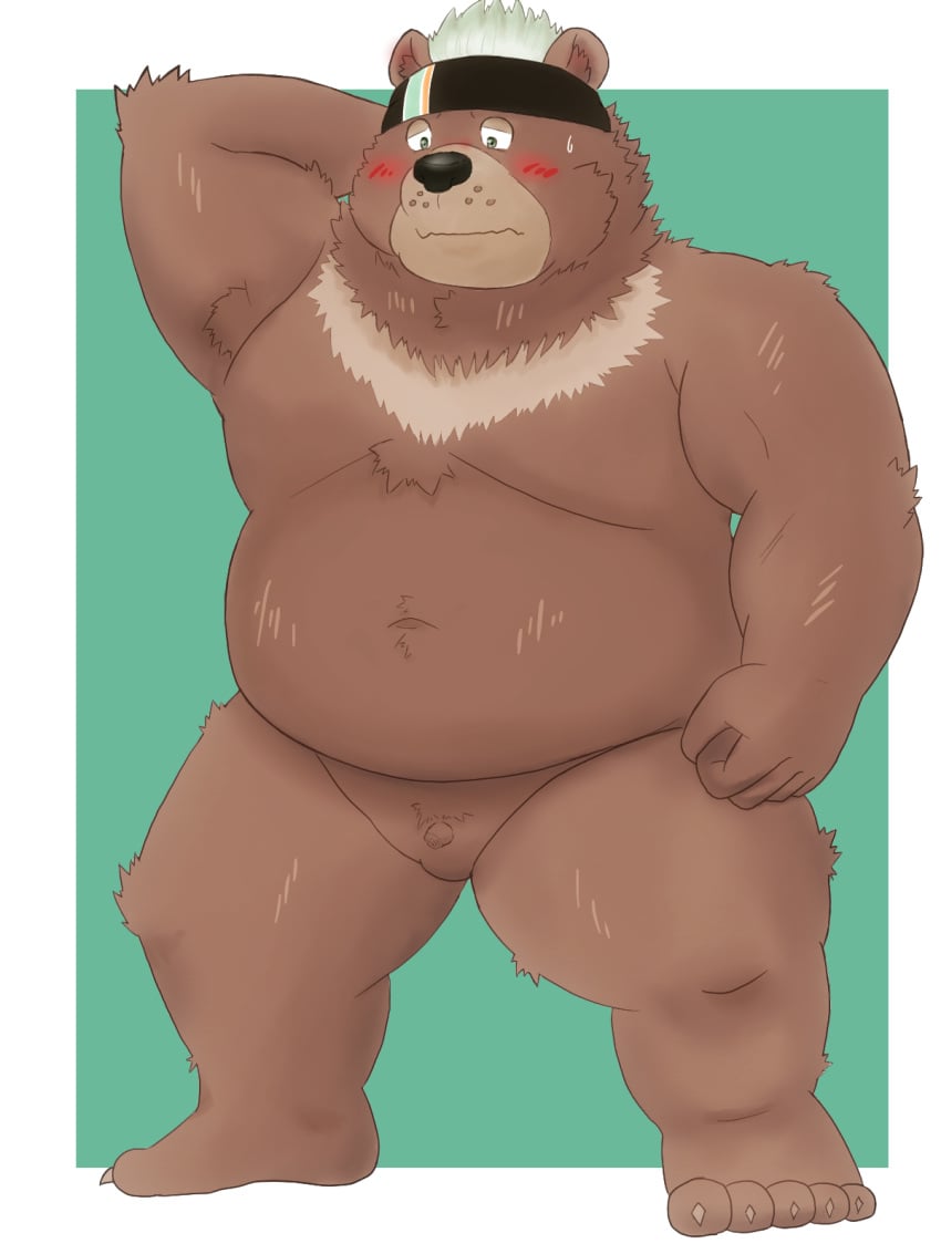 2020 anthro balls blush brown_body brown_fur fur genitals goro_(live_a_hero) hi_res kemono live-a-hero male male_only mammal overweight overweight_male penis small_penis solo ursid video_games yaki_atsuage