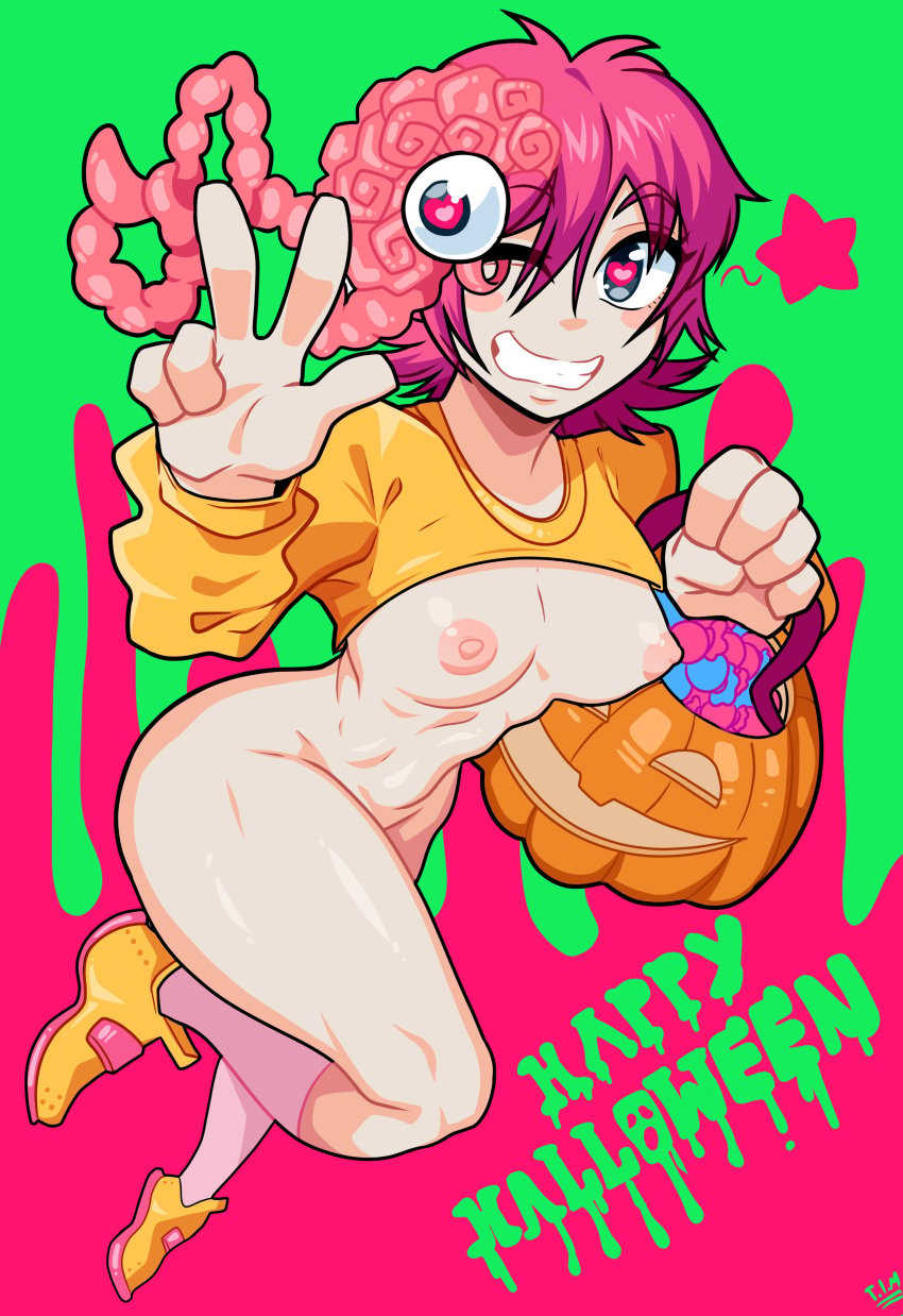 abs absurd_res absurdres athletic athletic_female braless breasts candy chainsaw_man colorful cosmo_(chainsaw_man) eyebrows_visible_through_hair female_focus female_only flashing flat_belly green_background greeting_card halloween halloween_costume happy_halloween heart-shaped_pupils high_resolution highres holding_object human human_only innocent looking_at_viewer midriff mostly_nude naked nipples no_bra no_nut_november no_panties no_pants orange_shirt orange_shoes peace_sign pink_background pink_eyebrows pink_hair pink_nipples posing puffy_nipples pumpkin shirt_lift short_hair simple_background slender_waist small_breasts smile smiling smiling_at_viewer sweets theironmountain thighs topless topless_female trick_or_treat twitter_username