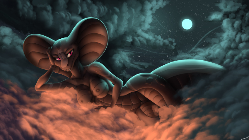 1girls anthro blue_clouds cloud cloudscape female full_moon hi_res moon night nipples o_squeaks_o orange_clouds outdoors pink_eyes reptile scales scalie sky snake solo starry_sky