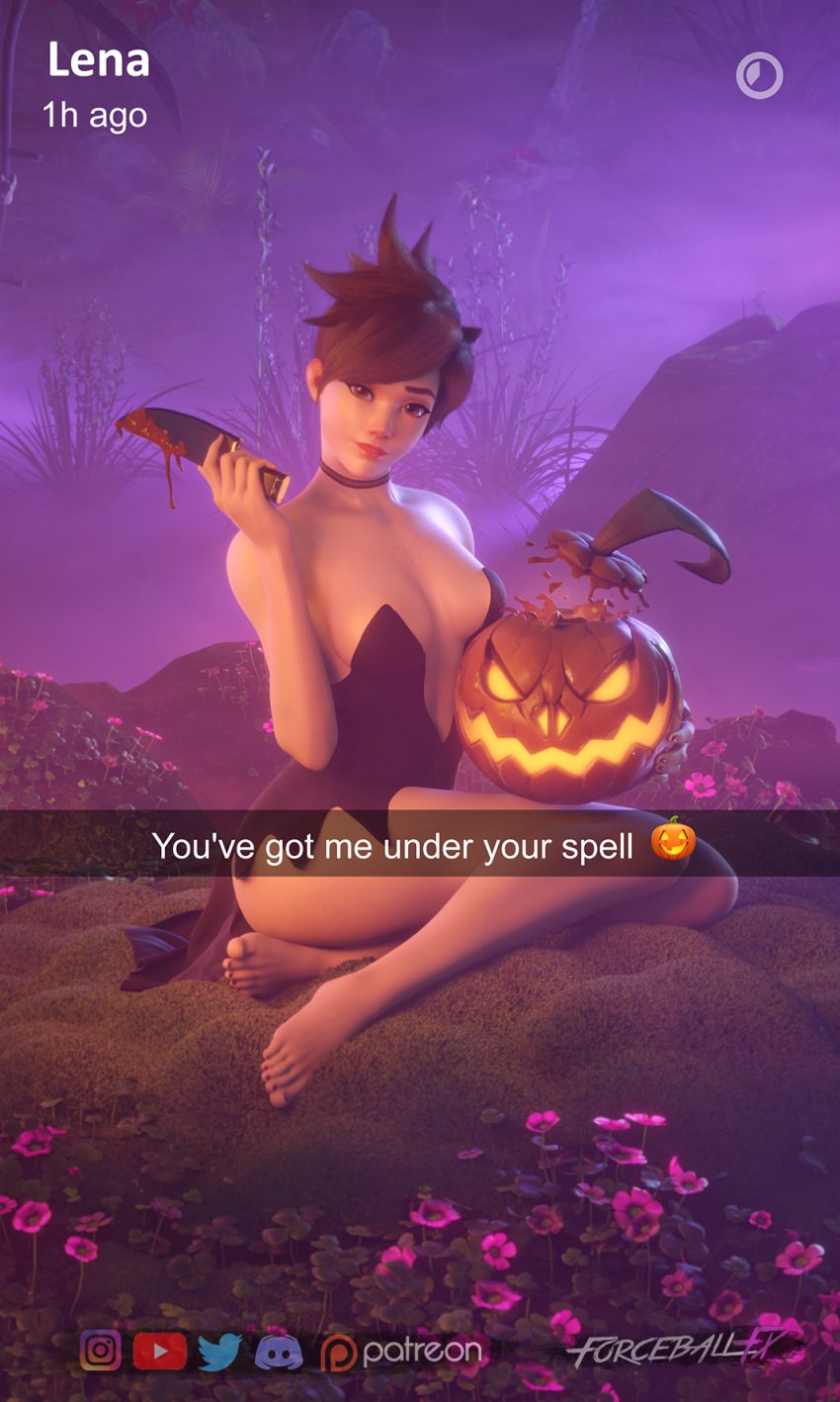 1girls 3d barefoot breasts feet female female_only forceballfx halloween jack-o'-lantern looking_at_viewer overwatch snapchat solo text tracer