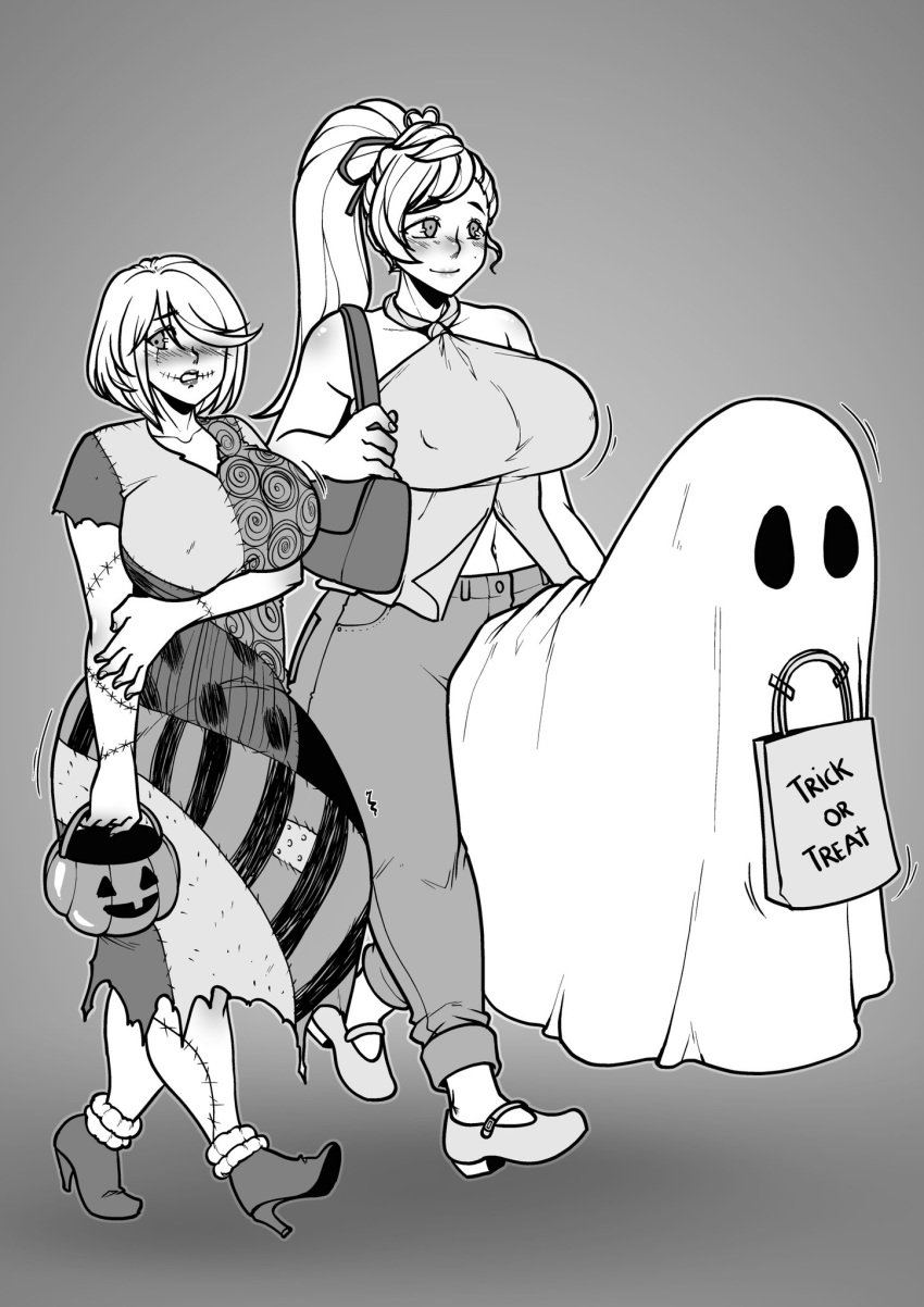 2girls breasts bulge casual costume ecchipandaa embarrassed futanari huge_breasts huge_cock hyper hyper_penis trick_or_treat wide_hips