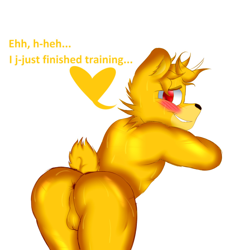 1:1 anthro anus ass balls biceps big_butt blonde_hair blush bodily_fluids bubble_butt butt_focus cute_expression five_nights_at_freddy's fluffy fluffy_tail fur gay genitals golden_freddy_(fnaf) hair heart hi_res jflare205 leaning leaning_forward male male_only mammal muscular muscular_anthro muscular_male presenting red_eyes smile solo sweat sweaty_balls sweaty_genitalia thick_thighs triceps ursid ursine video_games yellow_balls yellow_body yellow_fur