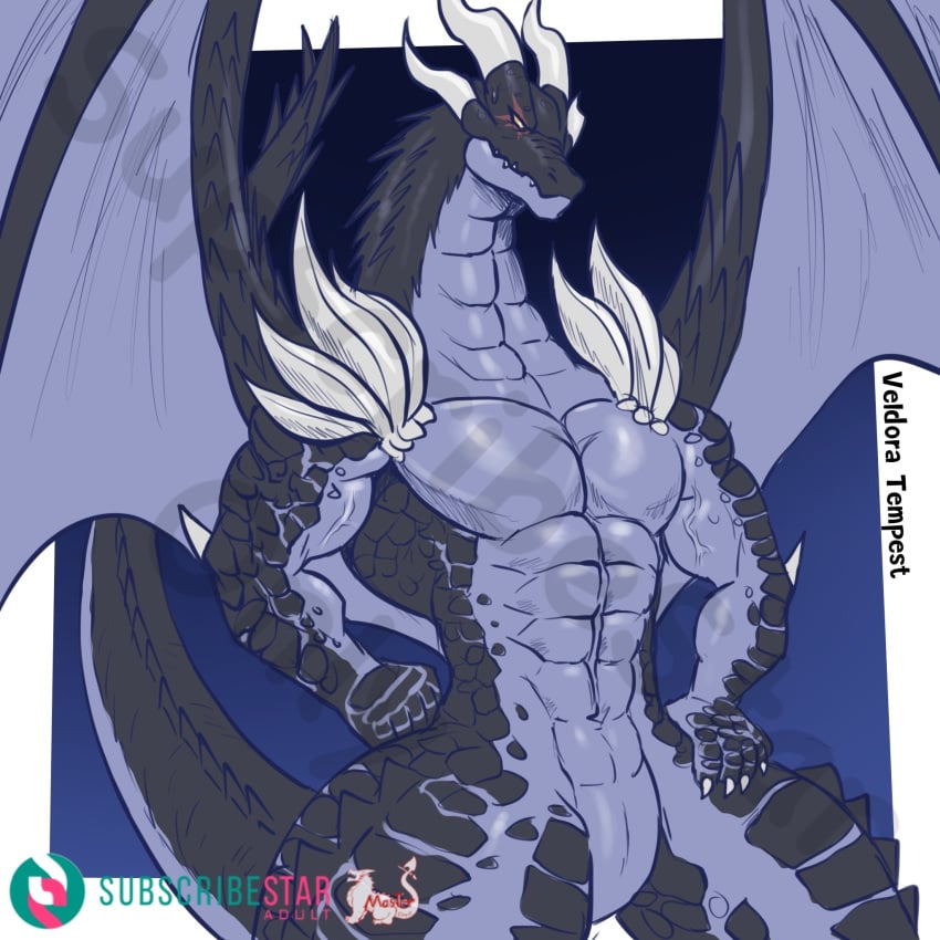 1:1 abs animal_genitalia anthro black_body claws countershade_arms countershade_face countershade_neck countershade_tail countershade_torso countershading dragon genital_slit genitals hi_res horn male masterelrest membrane_(anatomy) membranous_wings muscular muscular_anthro muscular_male pecs purple_body purple_countershading slit solo tail veldora_tempest wings