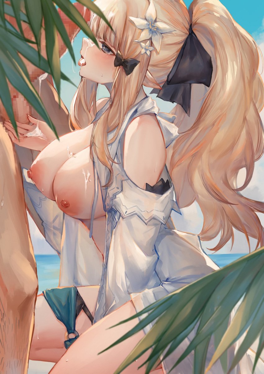 artist_revision bikini breasts censored cum cum_in_mouth cum_on_breasts cum_on_hand nipples no_bra open_shirt panty_pull penis princess_connect! princess_connect!_re:dive ryuuji_teitoku saren_(princess_connect!) swimsuits