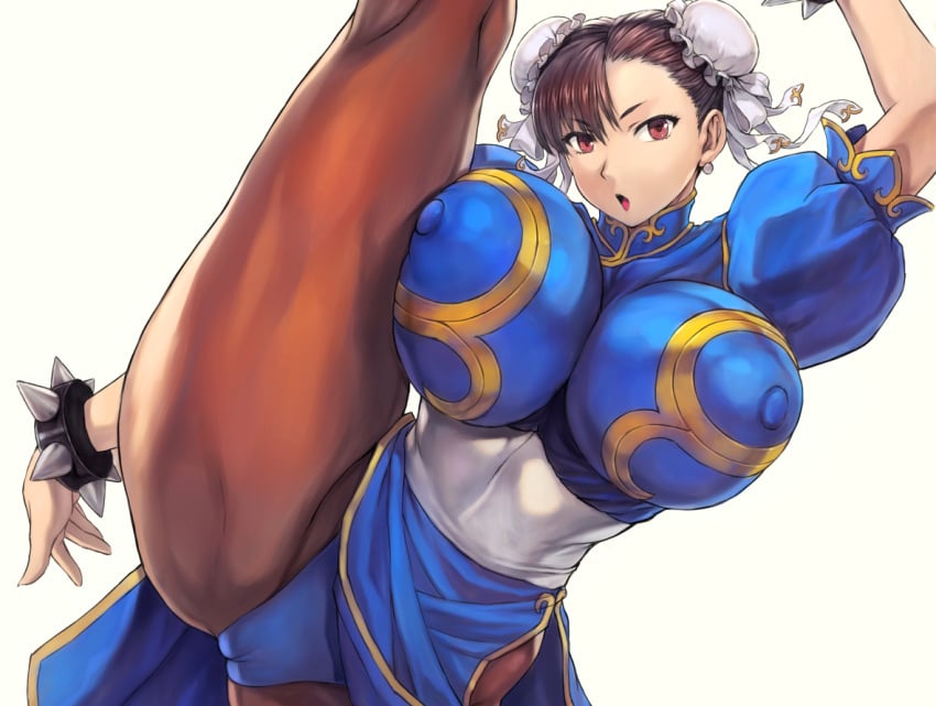 1girls areola_bulge asian asian_clothing athletic athletic_female big_breasts blue_clothes blue_clothing breasts_bigger_than_head brown_eyes brown_hair cameltoe capcom chun-li determined female female_focus female_only fighting_stance fully_clothed high_resolution highres hourglass_figure human human_only impossible_clothes looking_at_viewer mogudan nipple_bulge nipples nipples_bulge nipples_visible_through_clothing one_leg_raised one_leg_up open_mouth ox_horns pantyhose parody posing puffy_nipples puffy_pussy ribbons simple_background slender_waist slim slim_waist small_mouth solo spiked_bracelet splits stacked_lady street_fighter thick_thighs thighs traditional_clothes training twitter twitter_username vertical_splits white_background