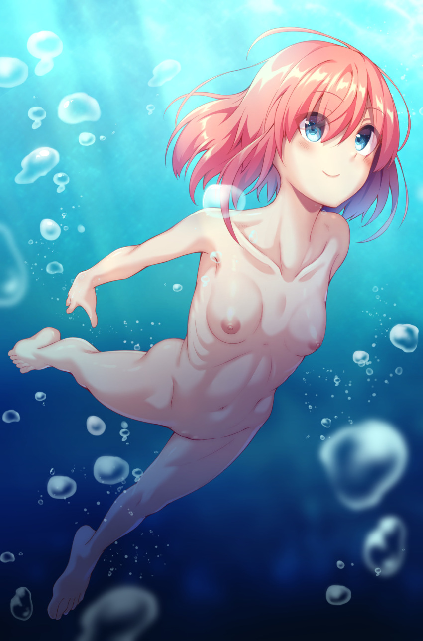 abs air_bubble barefoot blue_eyes blush breasts bubble casual completely_nude dosu_(doseven) female freediving highres human light_rays navel nude nudist ocean original pale_skin pink_hair ribs small_breasts smile swimming underwater zenra