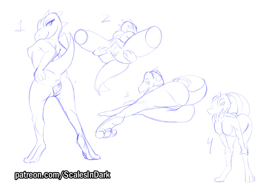 anthro digital_media_(artwork) female genitals multiple_poses nintendo pokémon_(species) pokemon pose presenting presenting_breast presenting_pussy pussy scalesindark sketch totodile video_games