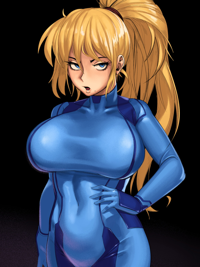 1girls absurdres annoyed beauty_mark big_breasts blonde_hair blue_eyes breasts cleavage female female_only highres huge_breasts kevbot large_breasts looking_at_viewer metroid nintendo ponytail samus_aran solo tied_hair zero_suit zero_suit_samus