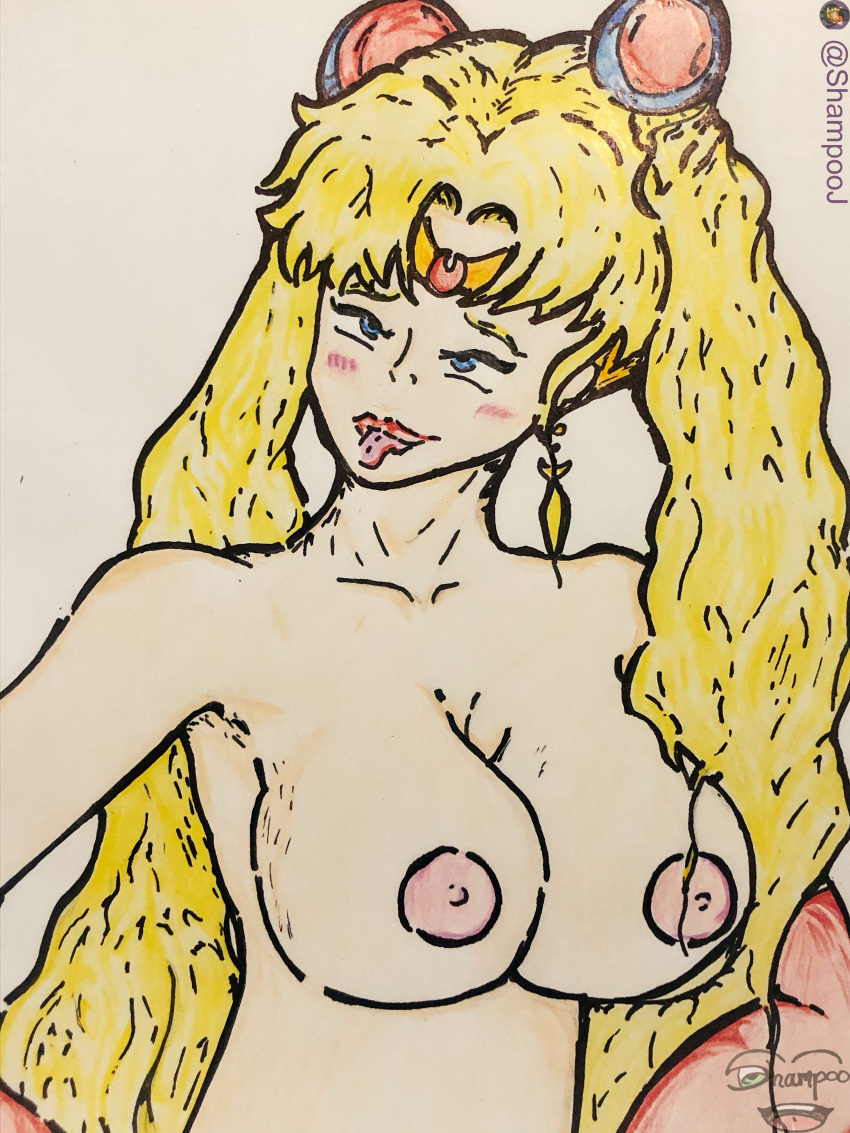 1girls ahe_gao big_breasts bishoujo_senshi_sailor_moon blonde_hair blue_eyes blush breasts breasts_out circlet earrings exposed exposed_breasts female_only gloves huge_breasts large_breasts pink_nipples red_gloves sailor sailor_moon shampoo_ej solo solo_female tongue tongue_out traditional_art traditional_drawing traditional_media twintails upper_body usagi_tsukino