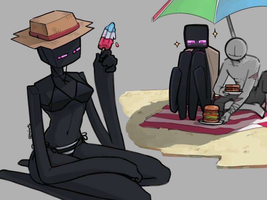 1boy 1girls 2d alternate_body_type anonymous_male bikini black_body blush bra enderwoman female hat kaiser_oof9 male minecraft purple_eyes simple_background tagme white_body