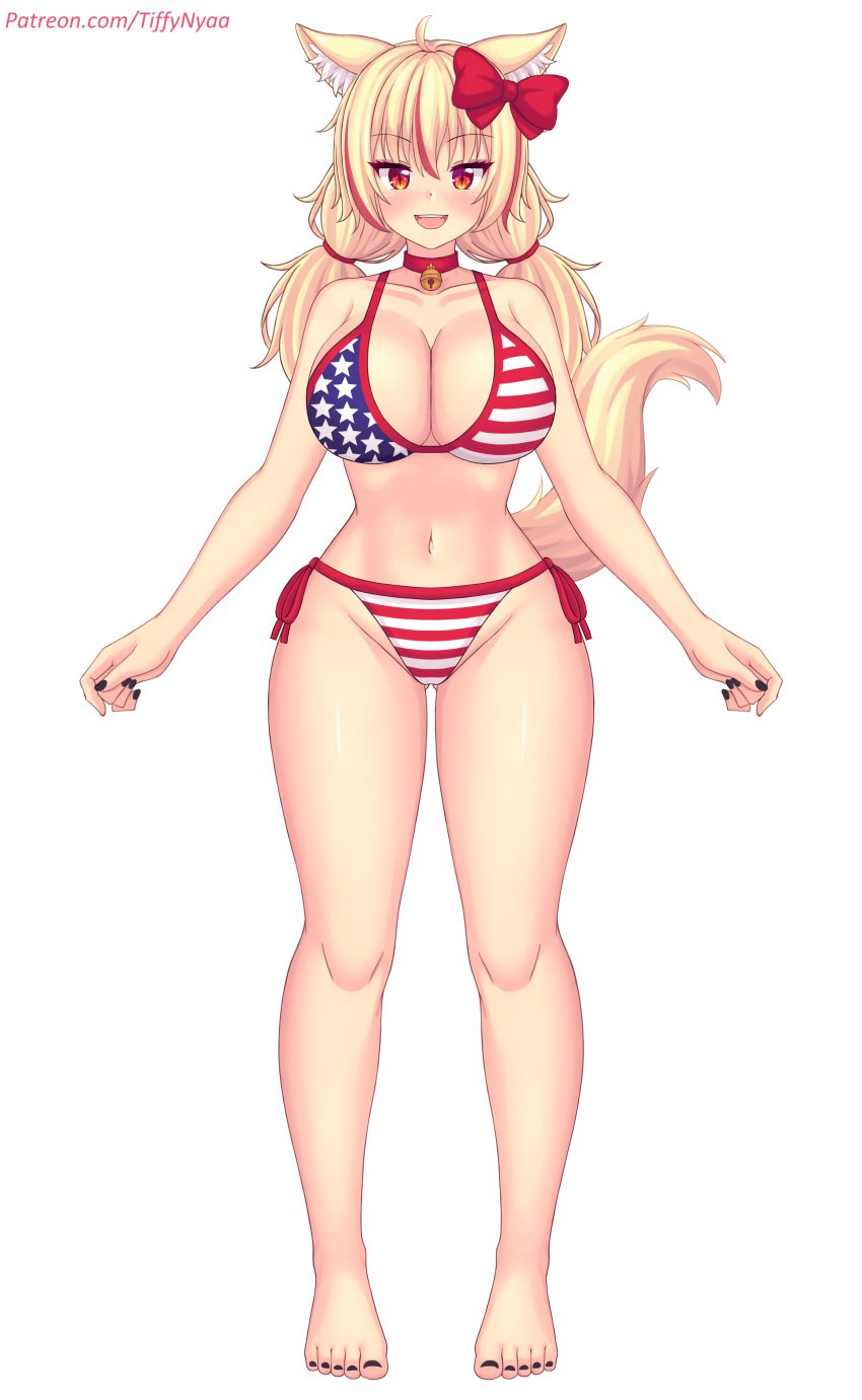 1girls 4th_of_july big_breasts bikini blonde_hair cat_ears cat_tail catgirl collar looking_at_viewer patreon patreon_username red_bow red_eyes thighs tiffy tiffynyaa twintails