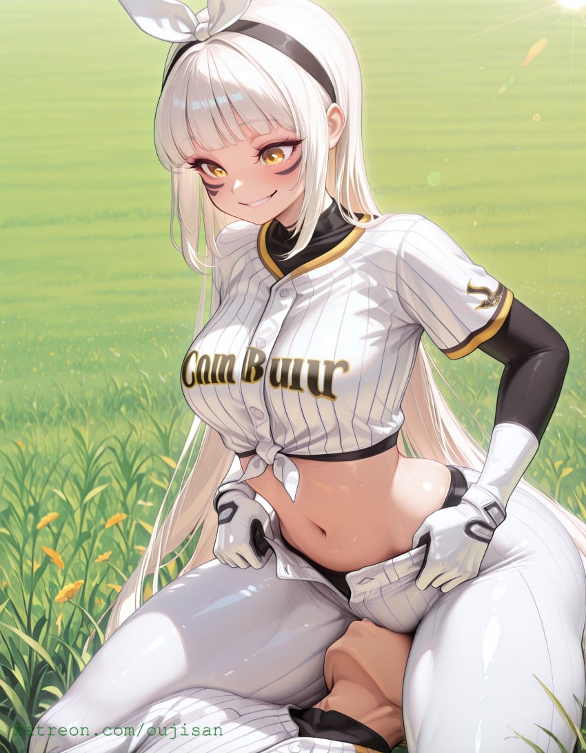 1girls ai_generated baseball_shirt baseball_uniform blanc_(nikke) breasts crop_top cropped_shirt facesitting female goddess_of_victory:_nikke medium_breasts official_alternate_costume official_alternate_hairstyle oujisan sitting_on_another sitting_on_face sitting_on_person smiling solo_focus straight sweating tagme taking_clothes_off taking_off_pants tied_shirt tight_clothing undressing