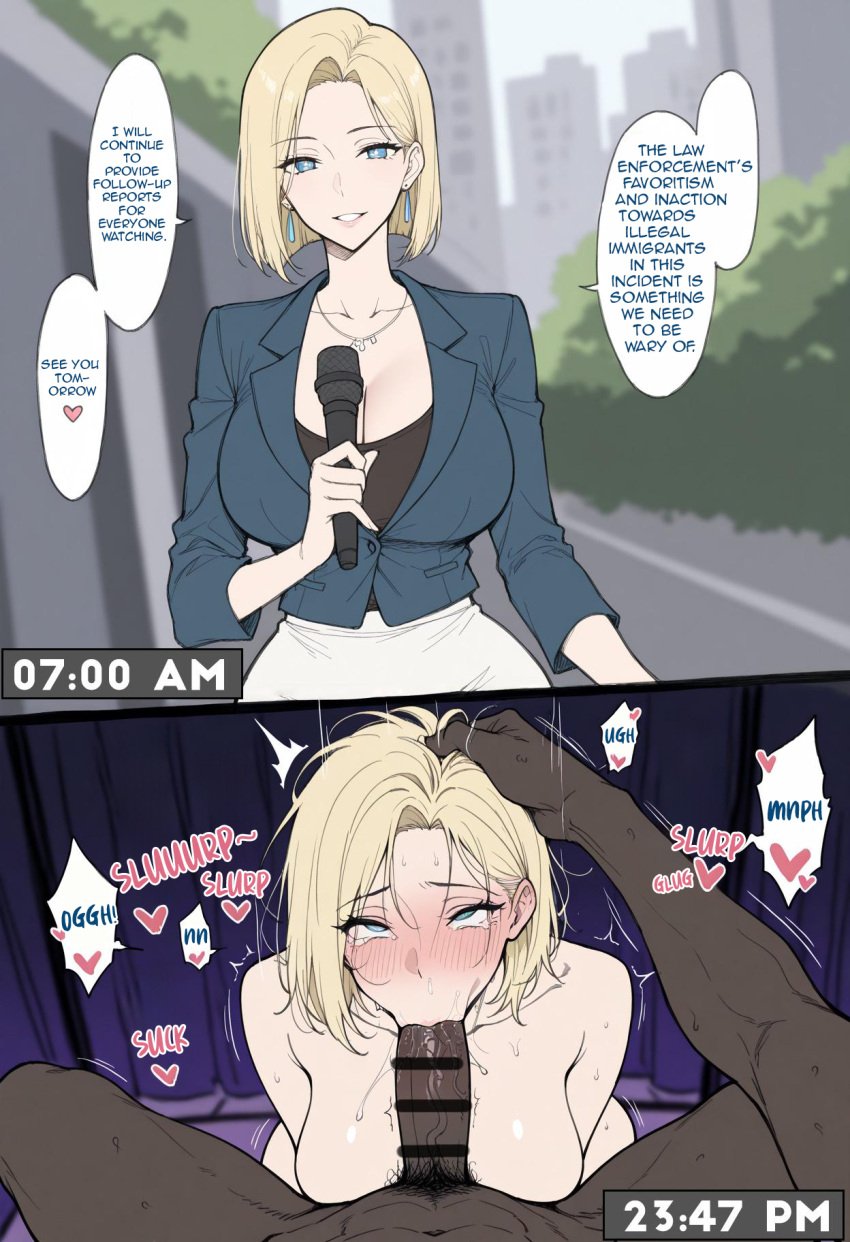 1boy 1girls blonde_hair dark-skinned_male english_text fellatio hard_translated interracial oral original original_character penis reporter translated