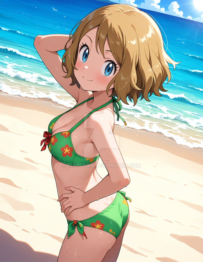 2025 4kids_entertainment ai_generated anime ass beach_background black_eyebrows blue_eyes_female booty brown_hair_female deviantart elryusam female flower_bikini looking_at_viewer meta nintendo pokemon red_cheeks serena_(pokemon) smile_at_viewer smiling_at_viewer wet_bikini wet_body wet_skin