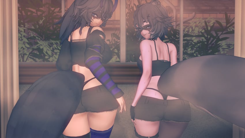 2girls 3am armwarmer ass ass_grab bent_over black_hair crop_top female large_ass multicolored_hair ponytail raccoon_ears raccoon_girl raccoon_tail short_shorts shorts snuffy snuffy_(vtuber) sweat thong wickafterdark