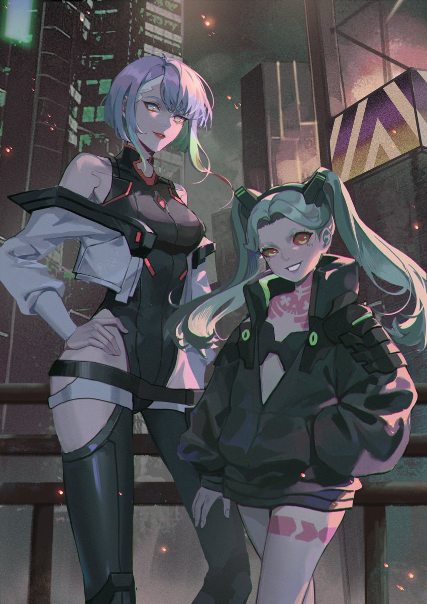 2girls best_friends bodysuit city_background cyberpunk cyberpunk:_edgerunners cyberpunk_2077 female jacket long_hair lucyna_kushinada multicolored_hair non_nude rebecca_(edgerunners) short_hair shortstack tagme tagme_(artist) tattoo tomboy tomboyish wholesome