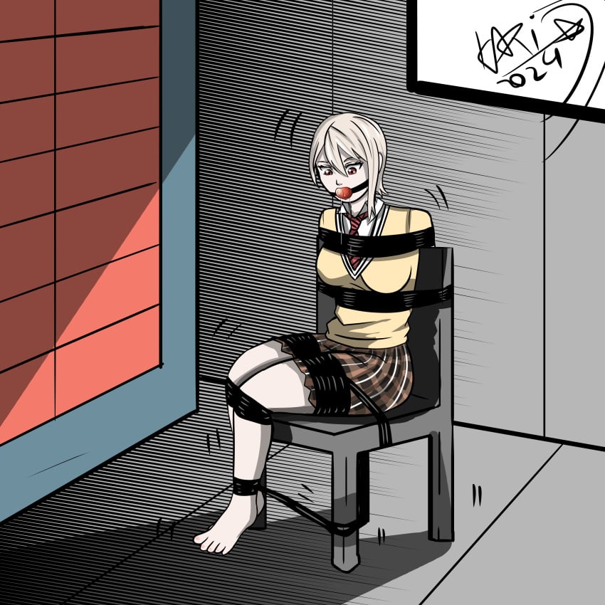1girls ball_gag barefoot bondage bound_and_gagged clothed clothed_female clothing damsel_in_distress drooling feet female female_only female_solo kinkykari2003 nakiri_alice shokugeki_no_souma short_hair soles solo solo_female solo_only tied_up toes