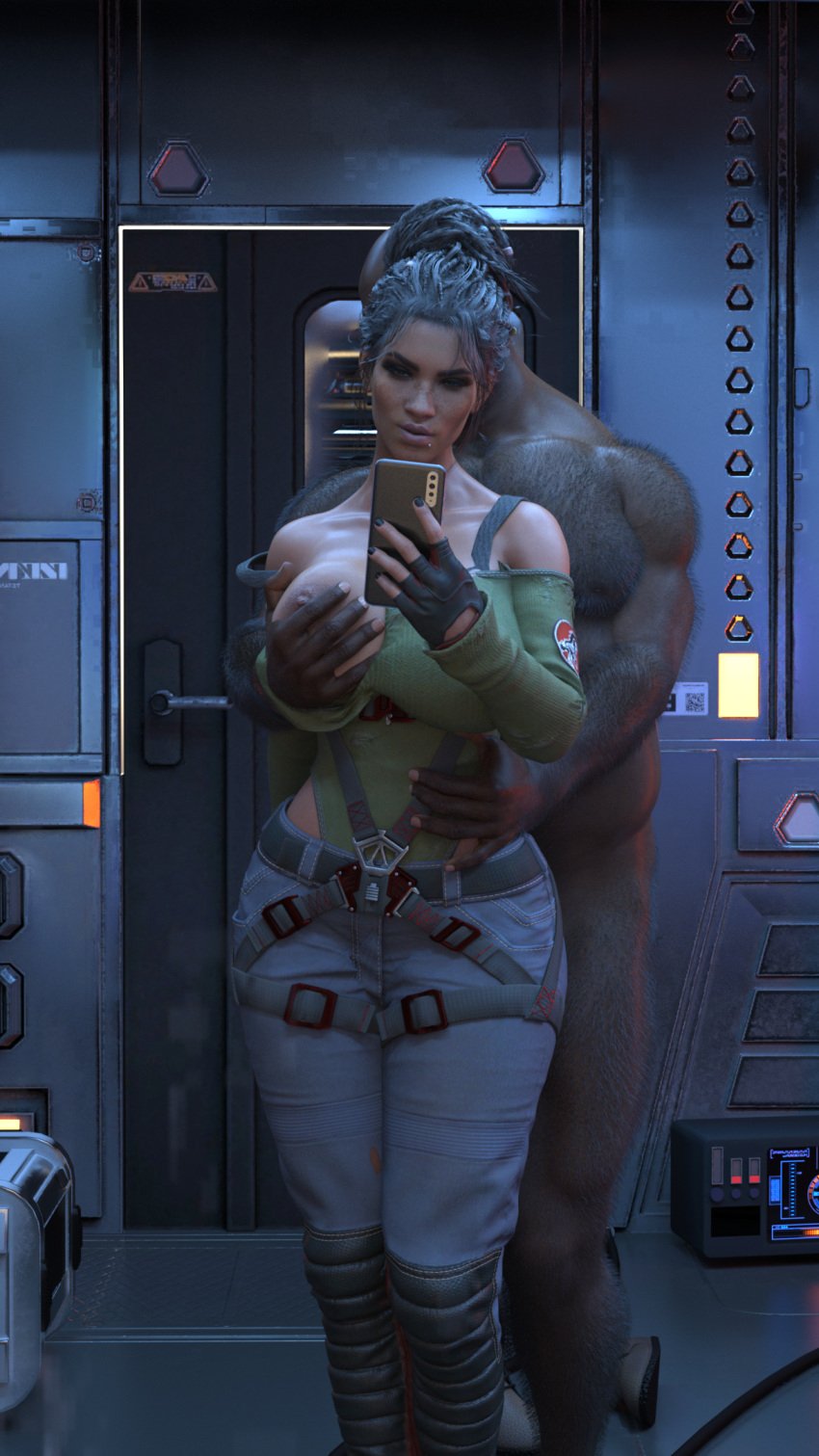 big_breasts boob_squish breast_grab cuckold cyberpunk_2077 dark-skinned_female dark-skinned_male flirting_with_viewer netorare panam_palmer panamsimp phone selfie tagme