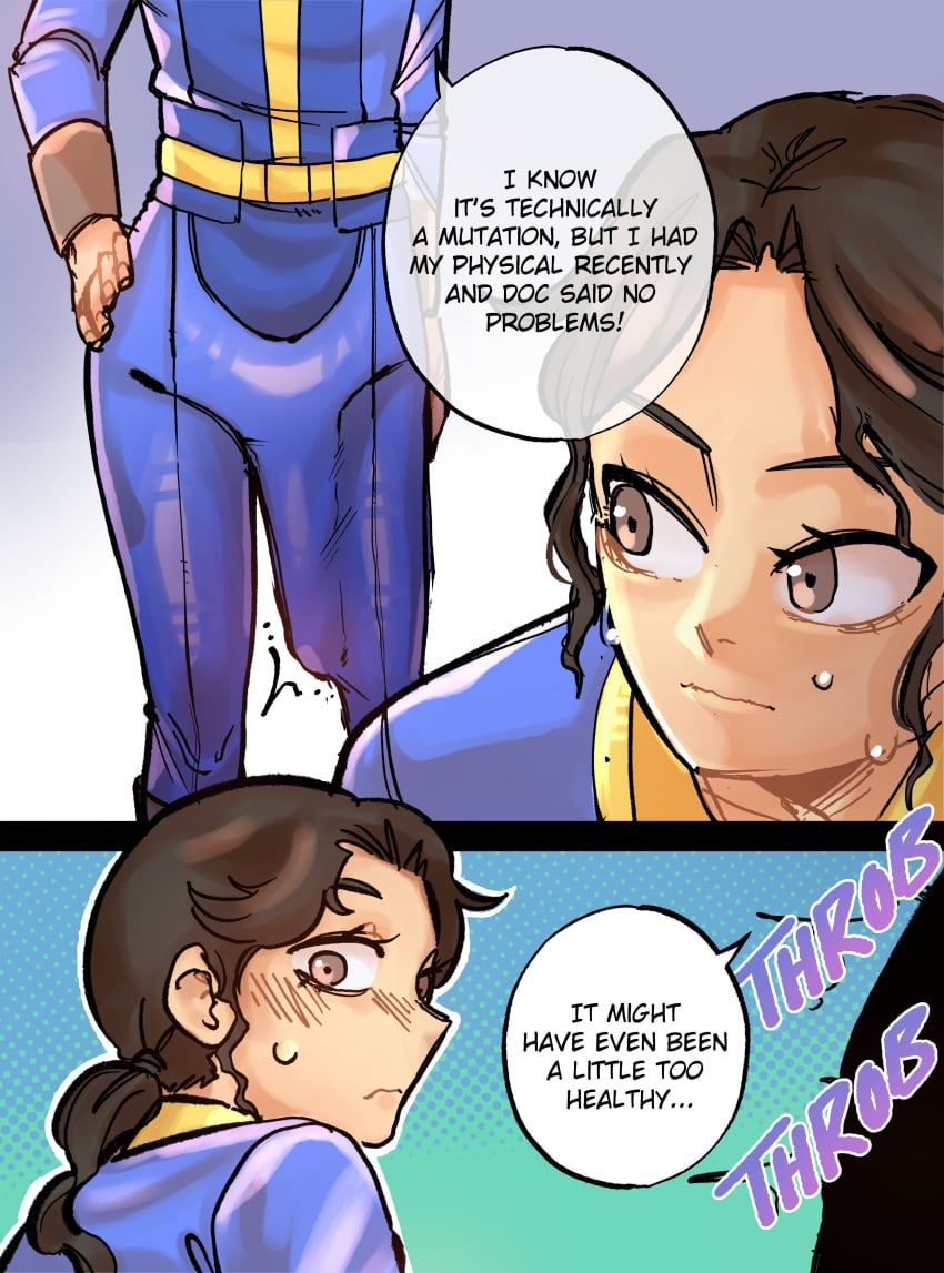 1futa 1girls bethesda_softworks big_penis blush bodysuit brown_eyes brown_hair clothed clothing dialogue english_text erection erection_under_clothes fallout_(series) fallout_4 female futa/female futa_on_female futanari hermitlustful huge_cock intersex large_penis long_hair lucy_maclean ponytail speech_bubble sweat text vault_dweller vault_girl vault_suit