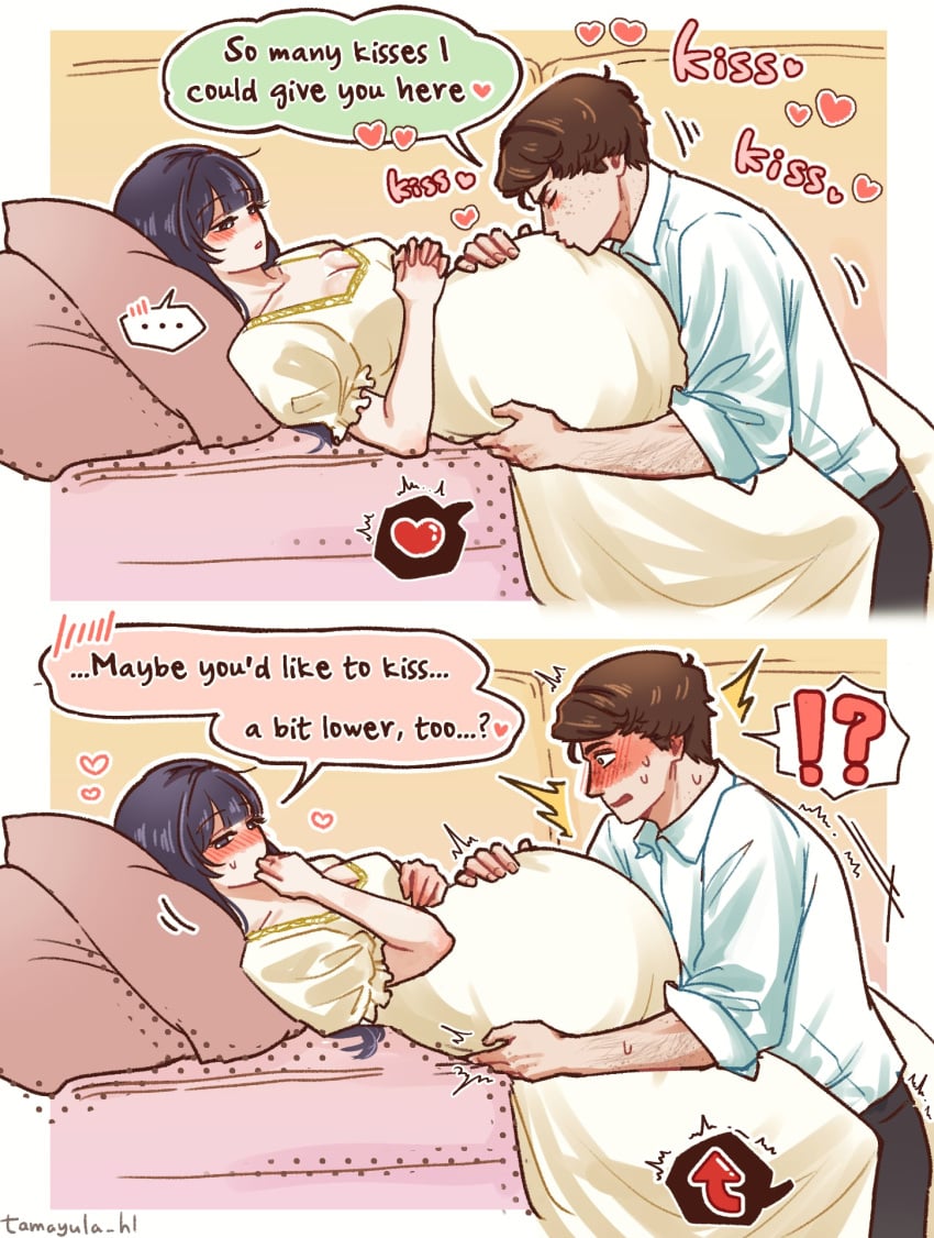 1boy 1girls aroused artist_request bed blush clothed comic dialogue dress female horny horny_female inviting kissing kissing_belly love lying male original_character pillow pregnant shirt sweat tamayula text turned_on wholesome