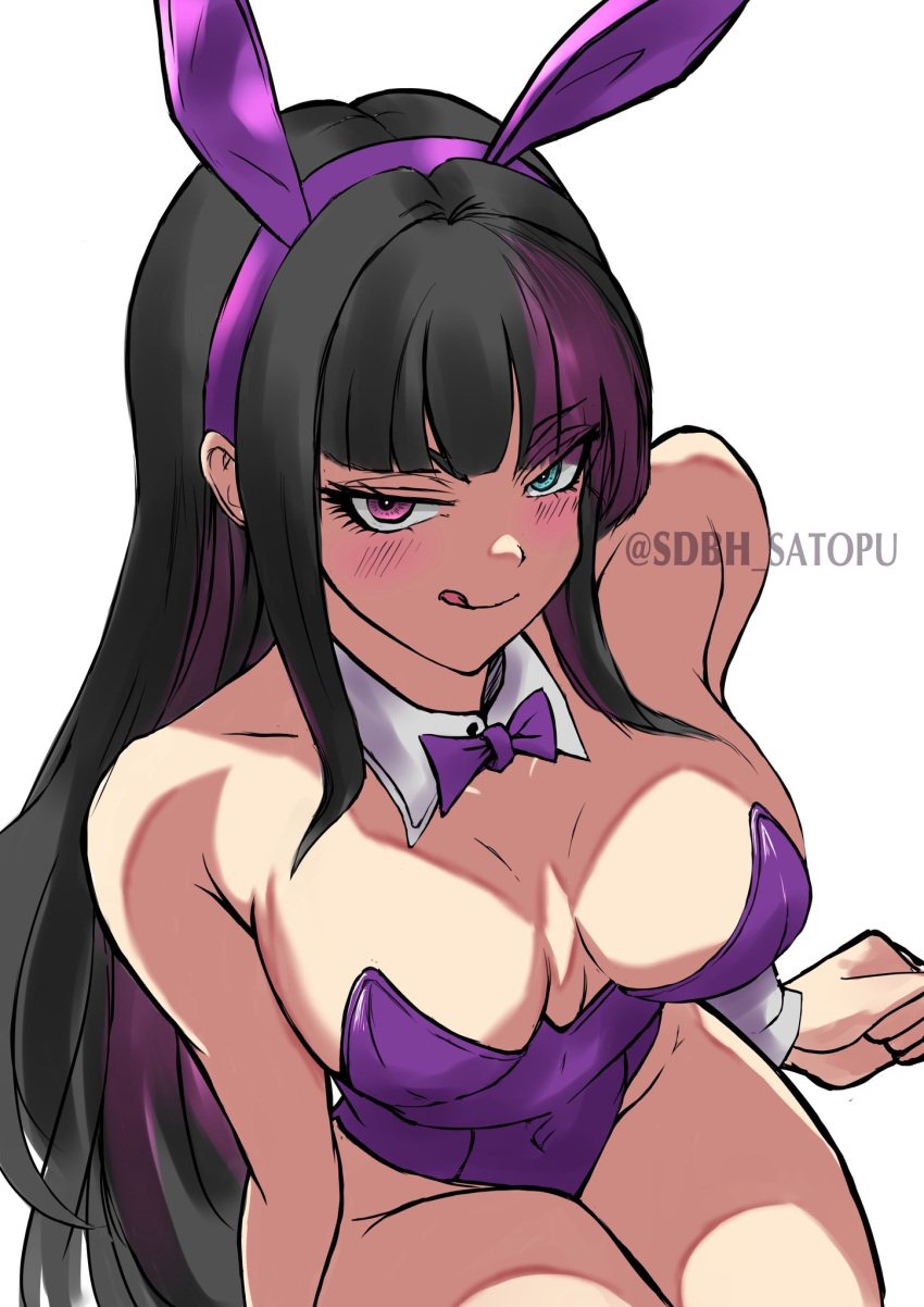 1girls artist_name black_hair bowtie bunny_ears bunny_girl busty capcom cleavage female heterochromia juri_han light-skinned_female light_skin playboy_bunny purple_streak sdbh_satopu street_fighter white_background