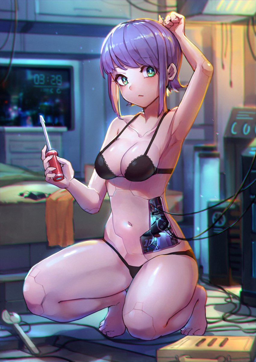 android bra breasts cleavage crouching female green_eyes gynoid mr._lime navel panties purple_hair robot_girl solo