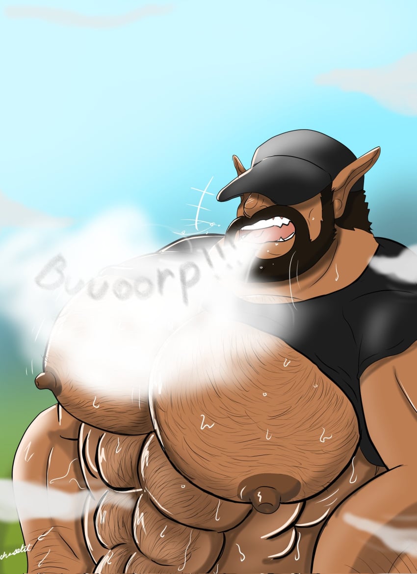 abs big_nipples big_pecs big_pectorals burping cap eyes_covered gassygohma gay hairy hairy_chest hairy_male male muscular muscular_male shirt_lift shirt_lifted sweat sweating sweaty sweaty_body