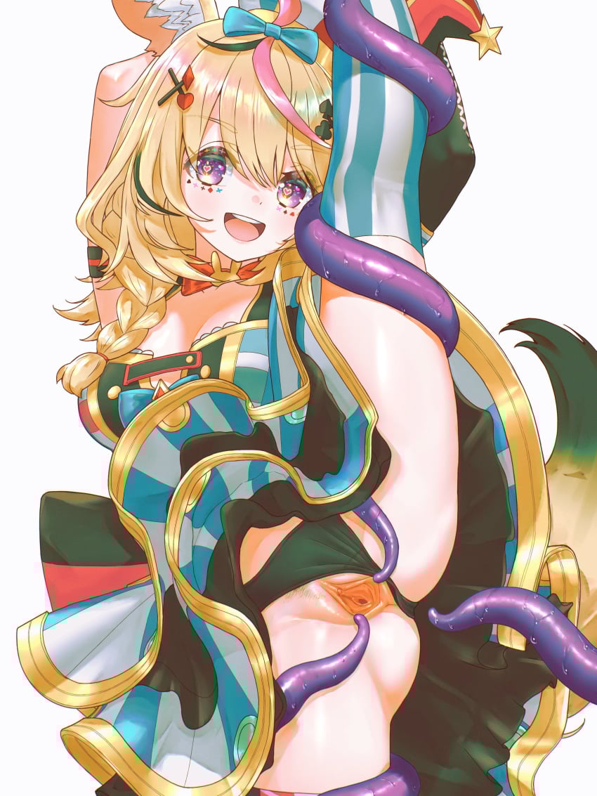 :d absurdres ahoge animal_ear_fluff animal_ears anversailles arm_strap armpits arms_up asymmetrical_legwear black_hair black_panties blonde_hair blue_bow blue_skirt blue_thighhighs bow bowtie braid breasts cleavage clitoris clothing_aside commentary commission double-parted_bangs facial_mark female female_pubic_hair fox_ears fox_girl fox_tail hair_between_eyes hair_ornament hair_over_shoulder hairbow hairclip hat heart heart-shaped_pupils highres holding_own_leg hololive imminent_penetration jester_cap layered_skirt leg_lift long_hair looking_at_viewer mark_under_eye miniskirt mismatched_legwear multicolored_hair omaru_polka omaru_polka_(1st_costume) open_mouth panties panties_aside pink_hair pink_thighhighs pubic_hair purple_eyes pussy red_bow red_bowtie shirt side_braid simple_background single_braid skirt sleeveless sleeveless_shirt smile solo split spread_pussy standing standing_on_one_leg standing_split streaked_hair striped_clothes striped_skirt striped_thighhighs symbol-only_commentary symbol-shaped_pupils tail teeth tentacle thighhighs tilted_headwear traditional_bowtie uncensored underwear upper_teeth_only variant_set vertical-striped_clothes vertical-striped_skirt vertical-striped_thighhighs virtual_youtuber white_background x_hair_ornament