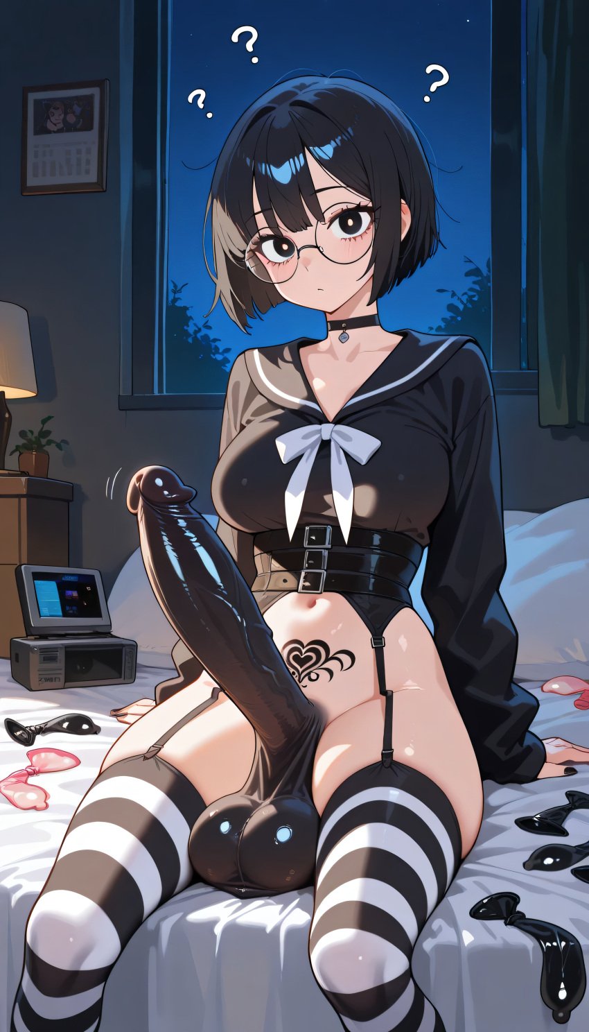 ai_generated belt black_balls black_penis choker condom confused cuaker dickgirl futanari glasses goth_girl huge_cock intersex medium_breasts messy_room night sagging_balls short_hair sitting solo striped_thighhighs used_condoms