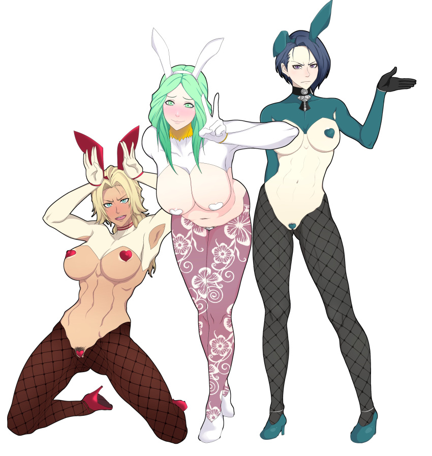 abs anger_vein angry armpits arms_up big_breasts blonde_hair blue_eyes blue_hair blush bunny_ears bunny_girl bunnysuit catherine_(fire_emblem) choker clenched_teeth dark-skinned_female embarrassed female fire_emblem fire_emblem:_three_houses fishnet_pantyhose fishnet_stockings fishnets gloves green_eyes green_hair hands_up hanging_breasts heavy_blush high_heels kneeling large_breasts leaning_forward leggings long_hair looking_at_viewer looking_to_the_side medium_breasts medium_hair midriff muscular muscular_female nintendo on_knees pantyhose pasties peace_sign pointing ponytail pubic_hair purple_eyes pussy_pasty reverse_bunnysuit rhea_(fire_emblem) shamir_nevrand short_hair shy_smile sihkygmojsn smile stockings sweatdrop thighhighs