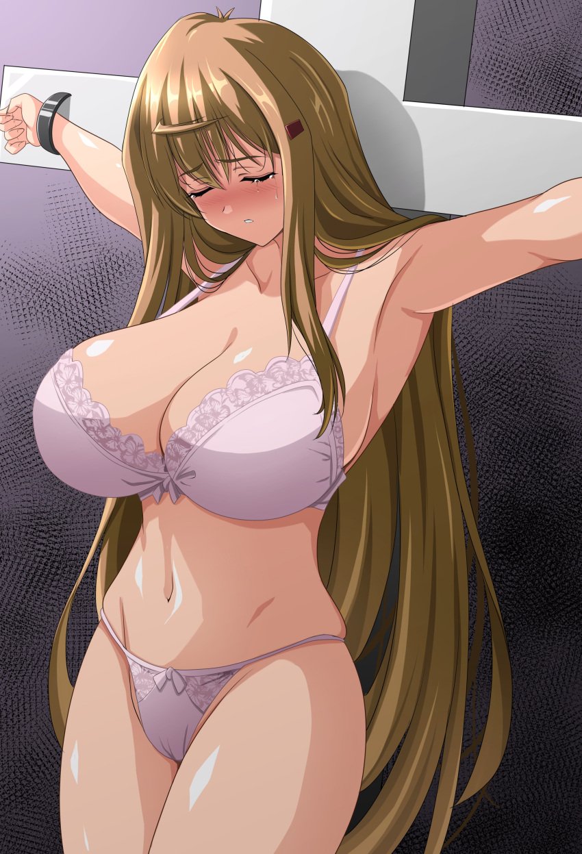 1girls blonde_hair blush bound bound_to_cross cleavage closed_eyes closed_eyes crucifixion hiiragi_akao huge_breasts humiliation jinki long_hair steam_erobou tears underwear voluptuous