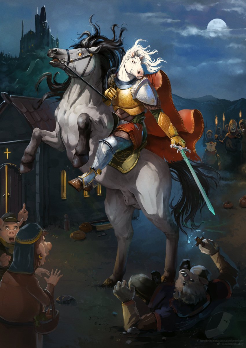 absurd_res animal_genitalia anthro armor balls beady_eyes brown_hair canid canine castle church clothed clothing cross domestic_pig ear_piercing ear_ring equid equine female female_anthro feral fully_sheathed genitals hair hi_res holding_cross holding_melee_weapon holding_object holding_sword holding_weapon horse lying male male_anthro male_feral mammal melee_weapon narrowed_eyes night on_back open_mouth outside piercing riding ring_piercing satanic_monkey sheath side_view sitting standing suid suine sus_(pig) sword weapon white_balls white_hair yellow_eyes