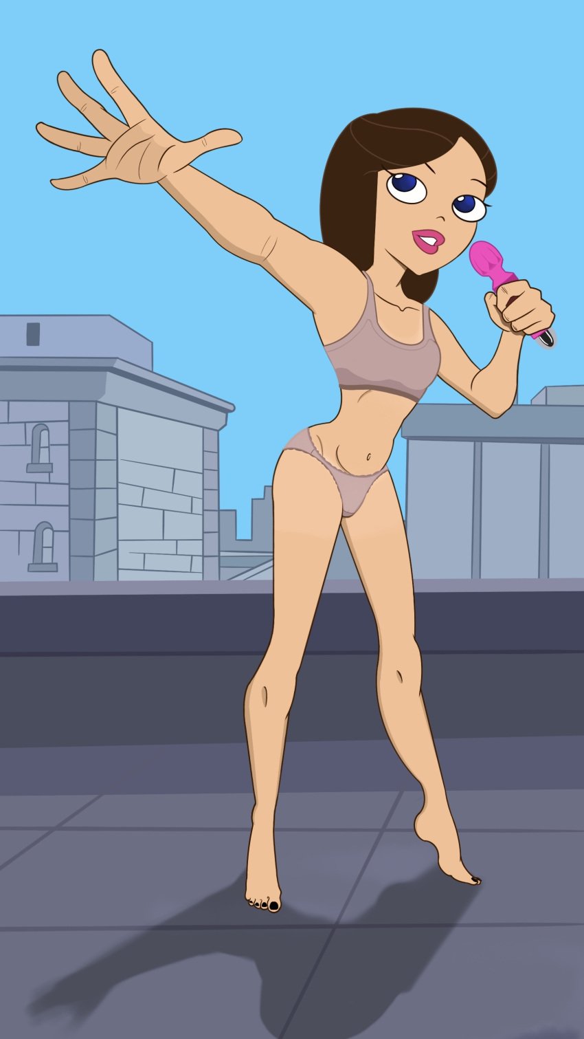 1girls artist_request blue_eyes blue_sky bra brown_hair city_background dildo disney disney_channel disney_xd female holding_dildo outdoors panties phineas_and_ferb rooftop socks_removed solo standing underwear underwear_only vanessa_doofenshmirtz