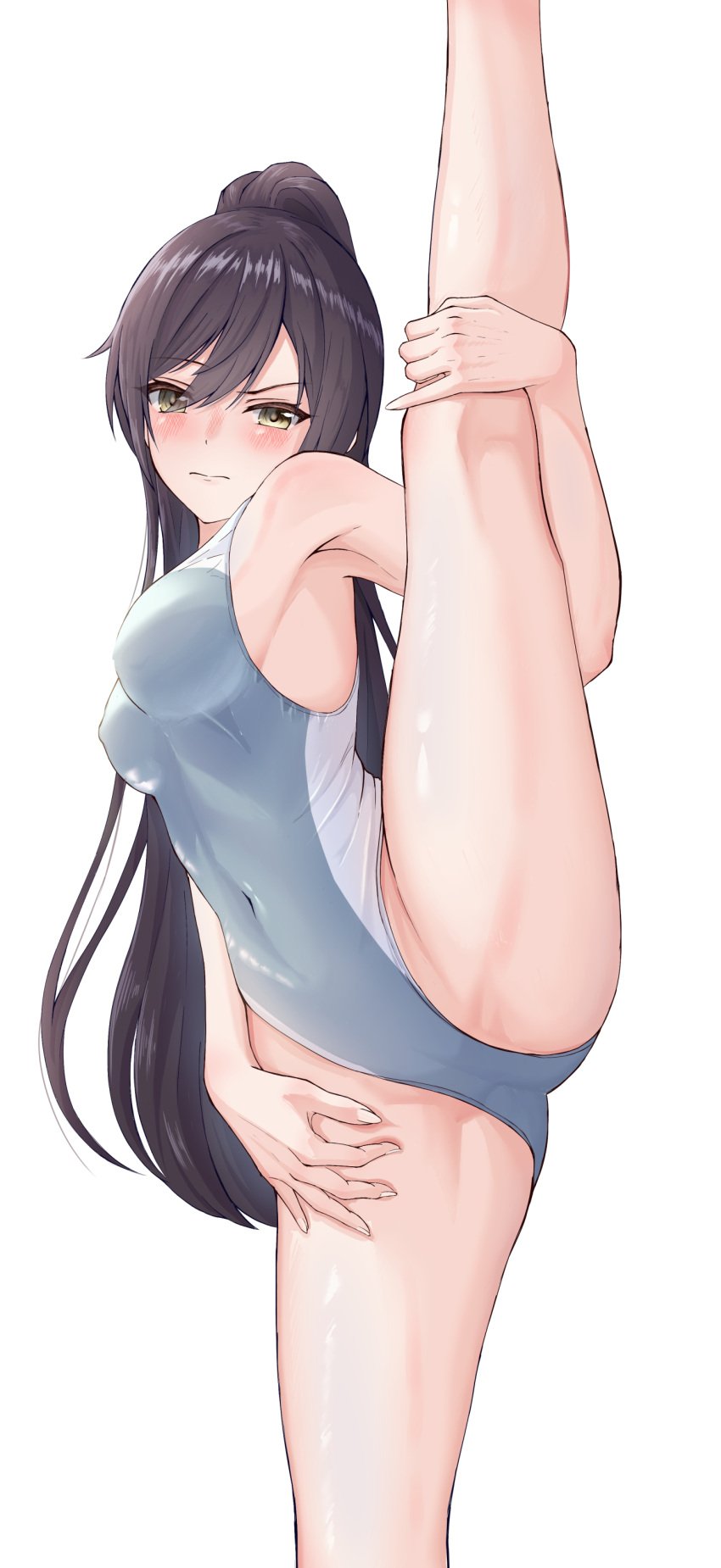 armpits bare_arms bare_legs bare_shoulders bare_thighs belly_button_visible_through_clothing black_hair blue_leotard blush breasts closed_mouth embarrassed groin groin_tendon high_ponytail highleg_swimsuit idolmaster idolmaster_shiny_colors john_kelly long_hair medium_breasts nipples_visible_through_clothing one-piece_swimsuit ponytail shirase_sakuya spread_legs standing_on_one_leg standing_split swimsuit thighs yellow_eyes