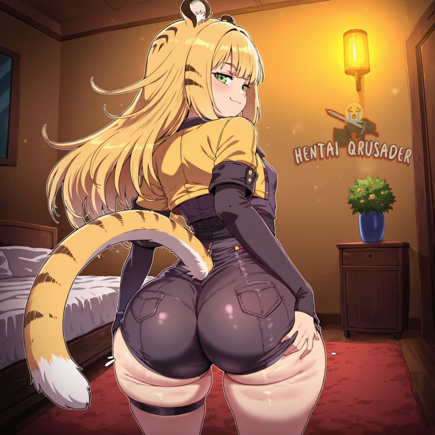 ai_assisted ai_generated animal_ear_fluff animal_ears ass ass_focus ass_grab big_ass clothed female female female_only from_behind green_eyes hentaiqrusader huge_ass ju_fufu ju_fufu_(zenless_zone_zero) looking_at_viewer looking_back plump_ass plump_thighs round_ass shorts smile smug smug_face solo solo_female solo_focus tail thick_thighs tight_clothing tight_fit tight_pants zenless_zone_zero