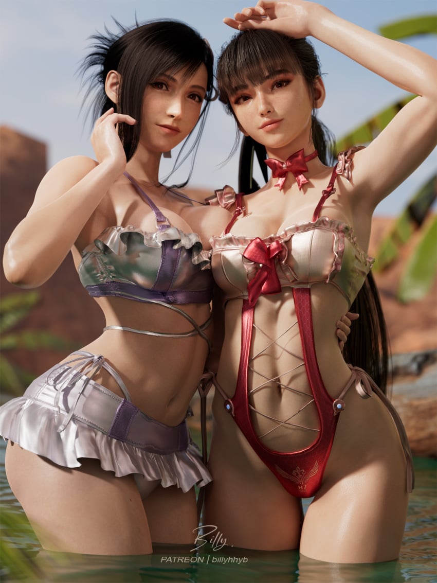 2girls 3d asymmetrical_docking billyhhyb black_hair brown_eyes cleavage crossover eve_(stellar_blade) final_fantasy_vii huge_breasts large_breasts long_hair looking_at_viewer stellar_blade swimsuit tifa_lockhart