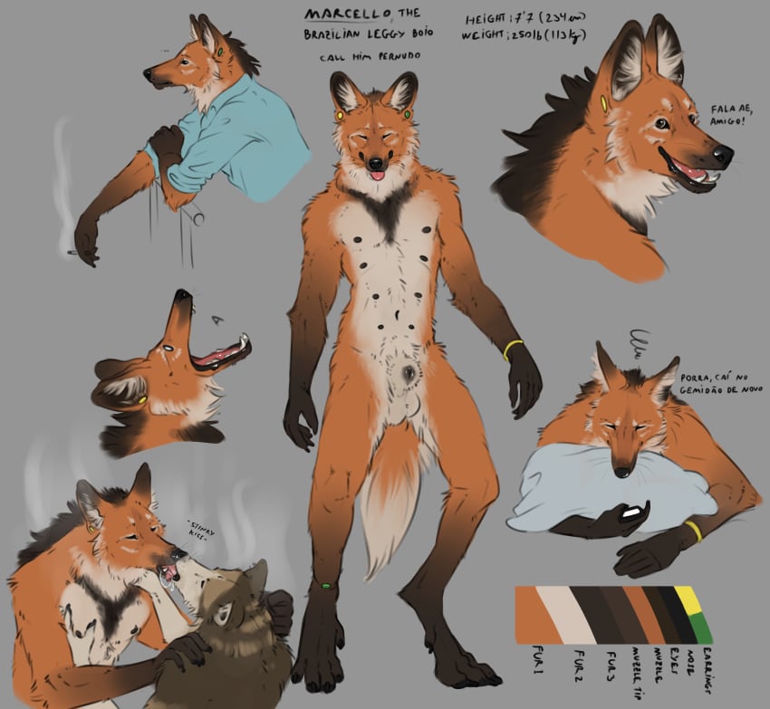 absurd_res anatomically_correct animal_genitalia anthro balls biped bodily_fluids brown_eyes canid canine canis cellphone cigarette clothed clothing dialogue duo english_text fur genitals hi_res inner_ear_fluff kissing male male/male mammal maned_wolf marcello_(sepulte) model_sheet multi_nipple multicolored_body multicolored_fur musk nipples nude open_mouth paws phone pillow portuguese_text reyes_(sepulte) saliva saliva_string sepulte sheath simple_background solo standing tall text tuft wolf