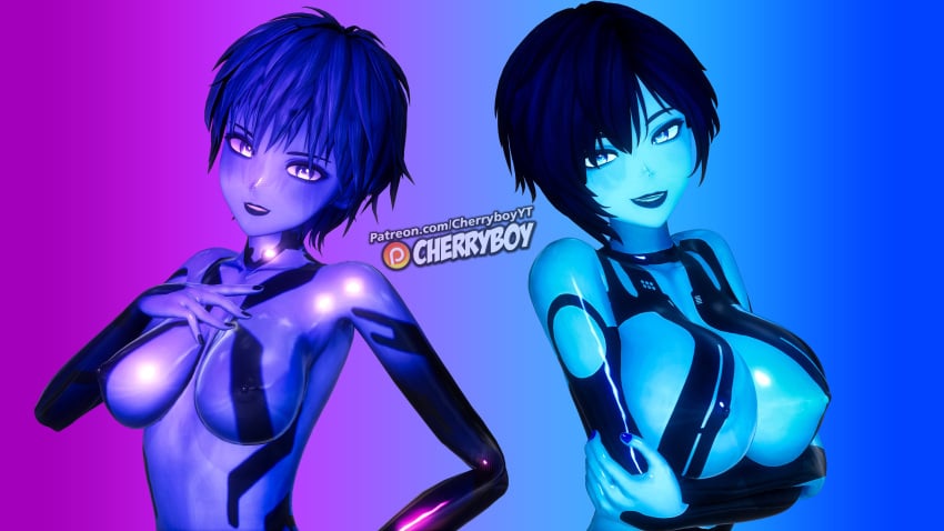 2025 2girls 3d 3d_(artwork) 3d_model abstract_background absurd_res absurdres alternate_body_type alternate_breast_size big_breasts blender blender_(software) blue_body blue_skin bob_cut breasts cherryboy cortana female halo_(game) halo_(series) halo_4 halo_ce high_resolution highres pose posing presenting presenting_breasts purple_body purple_skin science_fiction showing_off smile smiling smiling_at_viewer video_game_character video_games