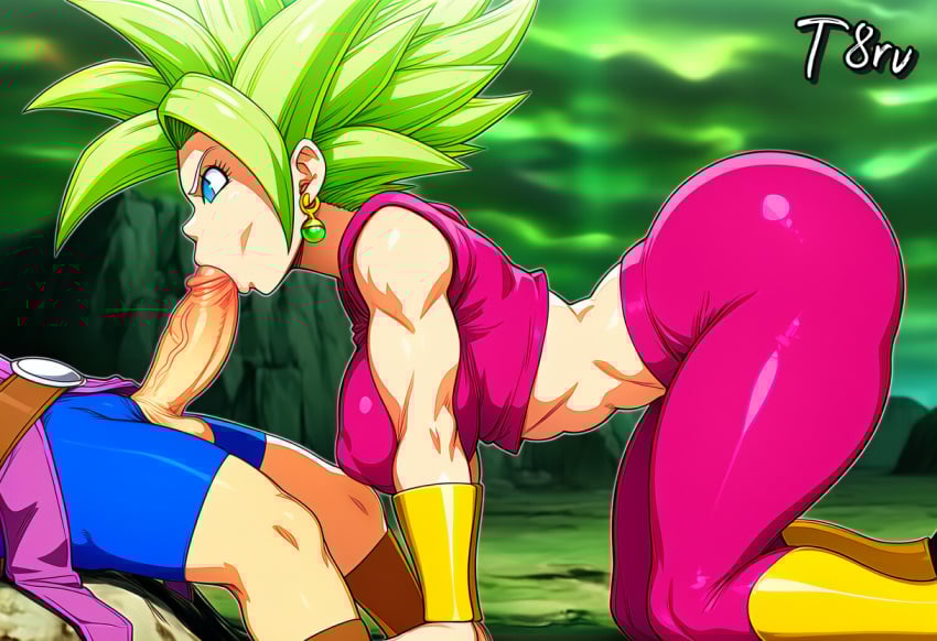 ai_generated arched_back ass big_ass blowjob cabba dragon_ball dragon_ball_super dragon_ball_z green_hair kefla leggings narrow_waist on_knees outdoors side_view sportswear sucking t8r thick_thighs thighs