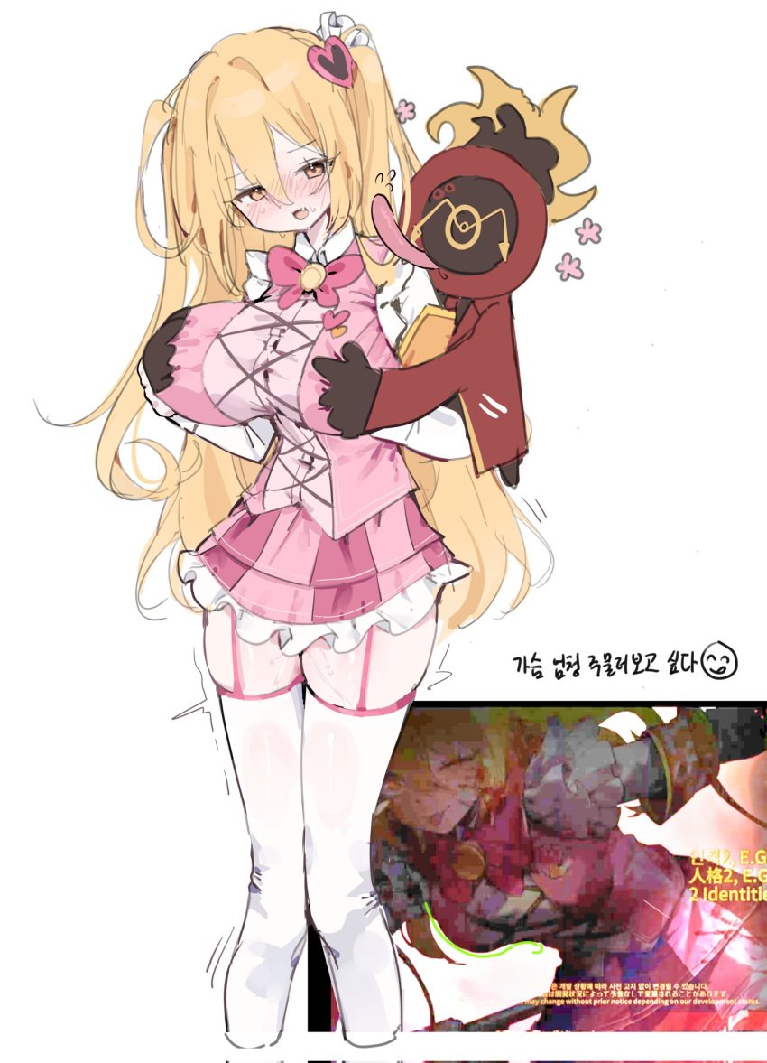 1girls 1other big_breasts blush bodily_fluids breasts clock dante_(limbus_company) don_quixote_(limbus_company) garter_belt garter_straps grabbing_from_behind groping_breasts hair_between_eyes hair_ornament large_breasts licking light-skinned_female light_skin limbus_company lobotomy_corporation open_mouth project_moon pussy_juice pussy_juice_drip reference_image simple_background skirt thighhighs tied_hair tongue tongue_out trembling twintails vaginal_fluids what_the_dante_doin white_background